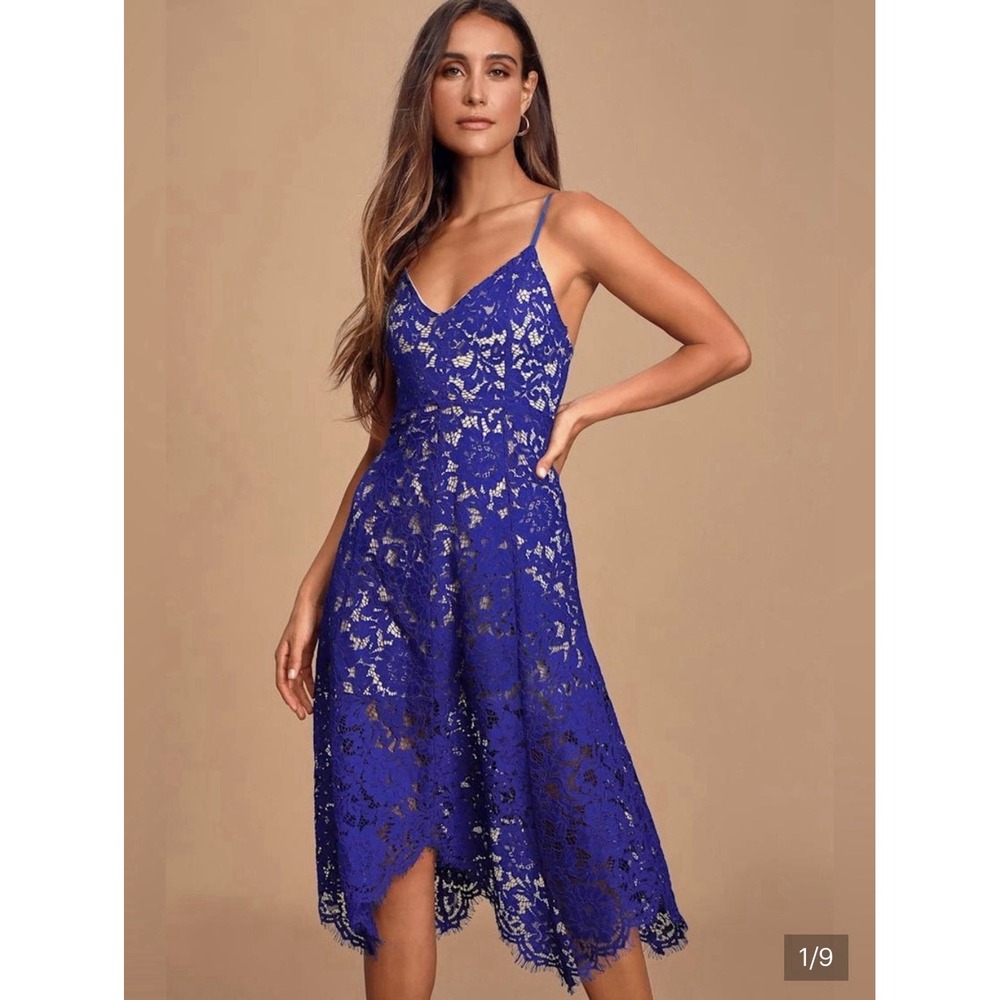 NWT Lulus MEDIUM Roayl Blue One Wish Lace Midi Dress Romantic Feminine
